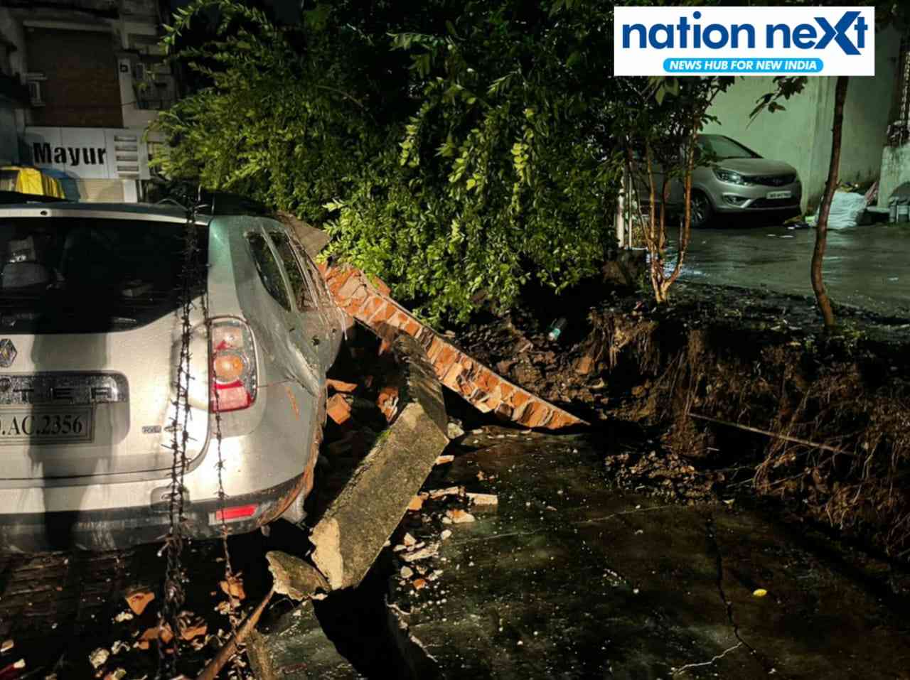 The collapsed wall on Vishesh Agrawal's car